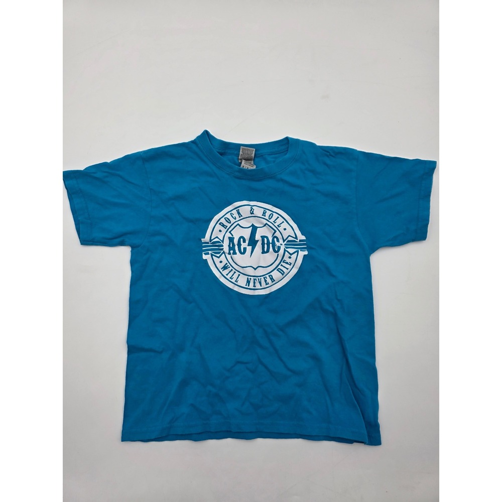 Gildan AC DC Rock Roll Will Never Die Youth Small Teal T Shirt‎
